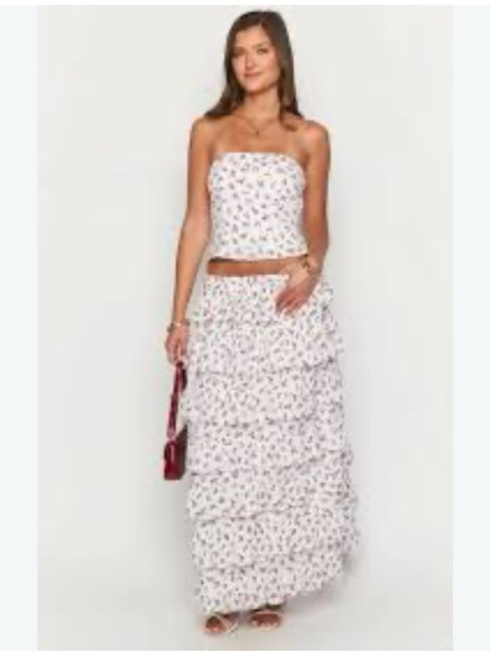 Beginning Boutique White Floral Tiered Maxi Skirt Womens Size 6